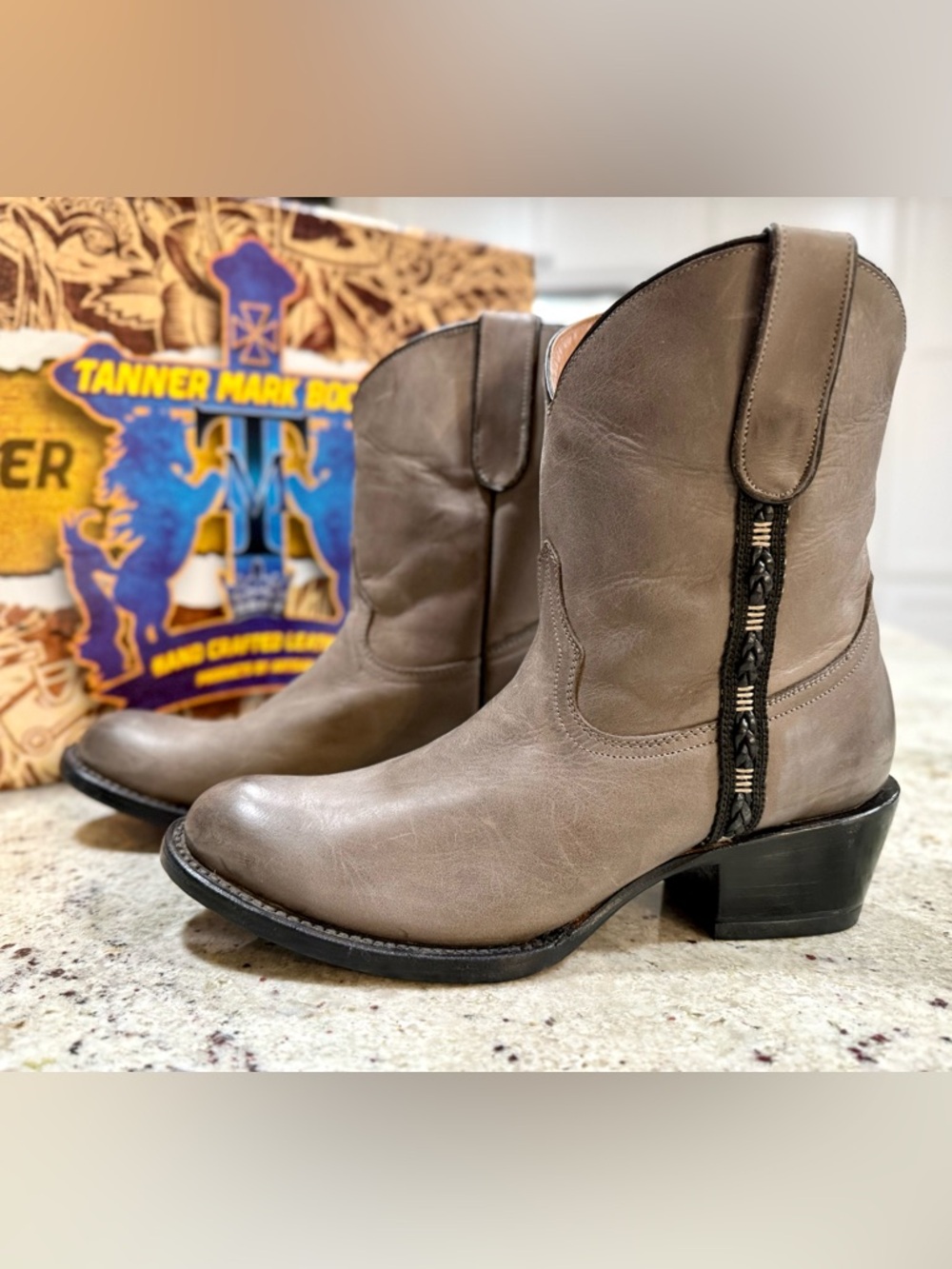 Tanner Mark Women’s Leather Heeled Shorty Cowboy Boots with Decorative Side Trim